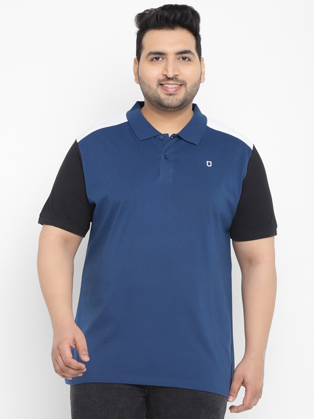 

Urbano Plus Colourblocked Polo Collar Pure Cotton T-shirt, Blue