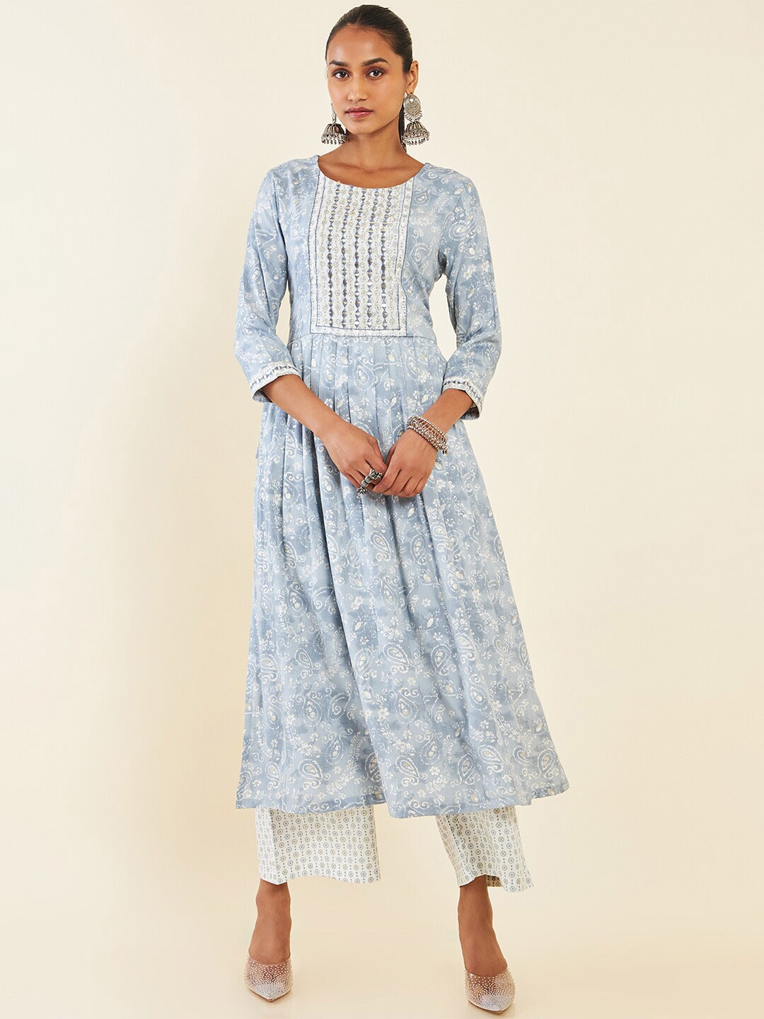 

Soch Ethnic Motifs Printed Mirror Work Kurta with Palazzos, Blue