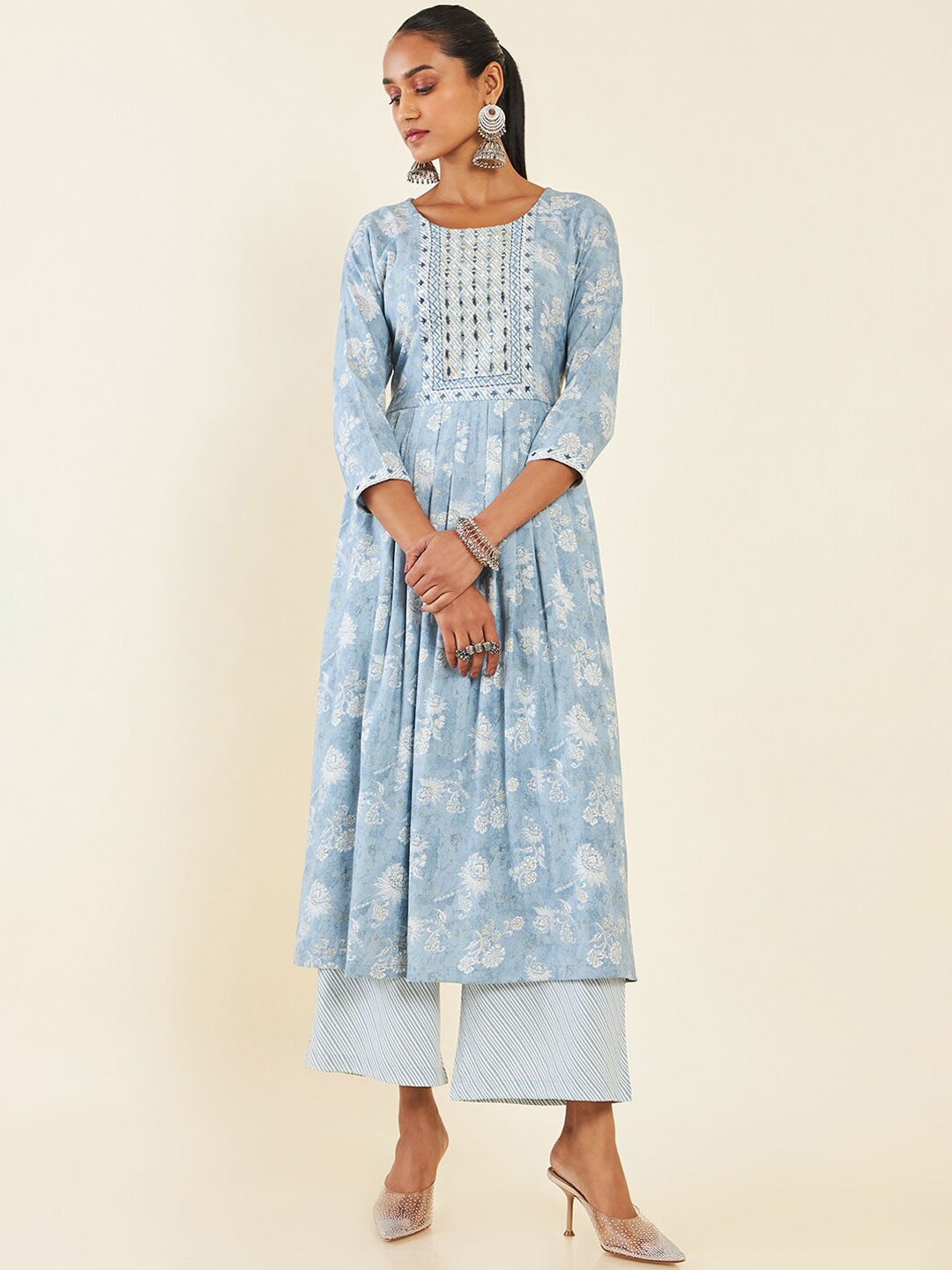 

Soch Blue & White Floral Printed Mirror Work Kurta with Palazzos