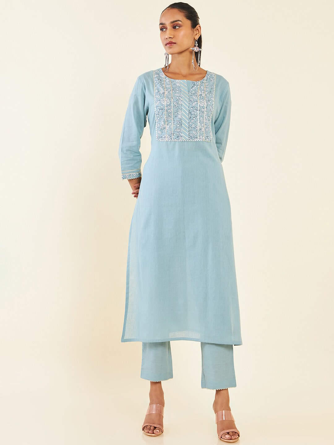 

Soch Blue Floral Yoke Design Gotta Patti Pure Cotton Straight Kurta with Trousers