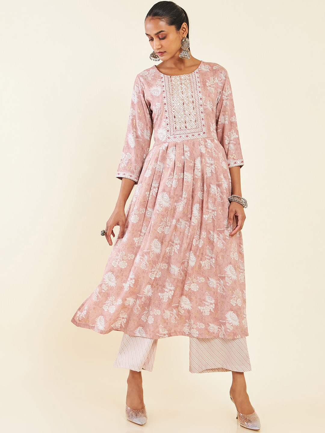 

Soch Peach-Coloured Floral Printed Pleated A-Line Kurta With Palazzos