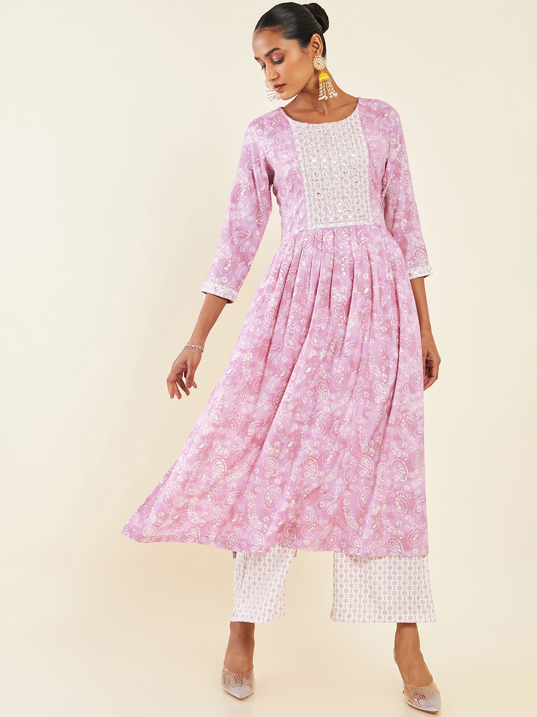 

Soch Pink & White Ethnic Motifs Printed Mirror Work A-Line Pleated Kurta with Palazzos