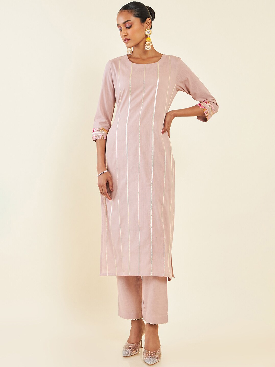 

Soch Beige Striped Pure Cotton Straight Kurta With Trousers