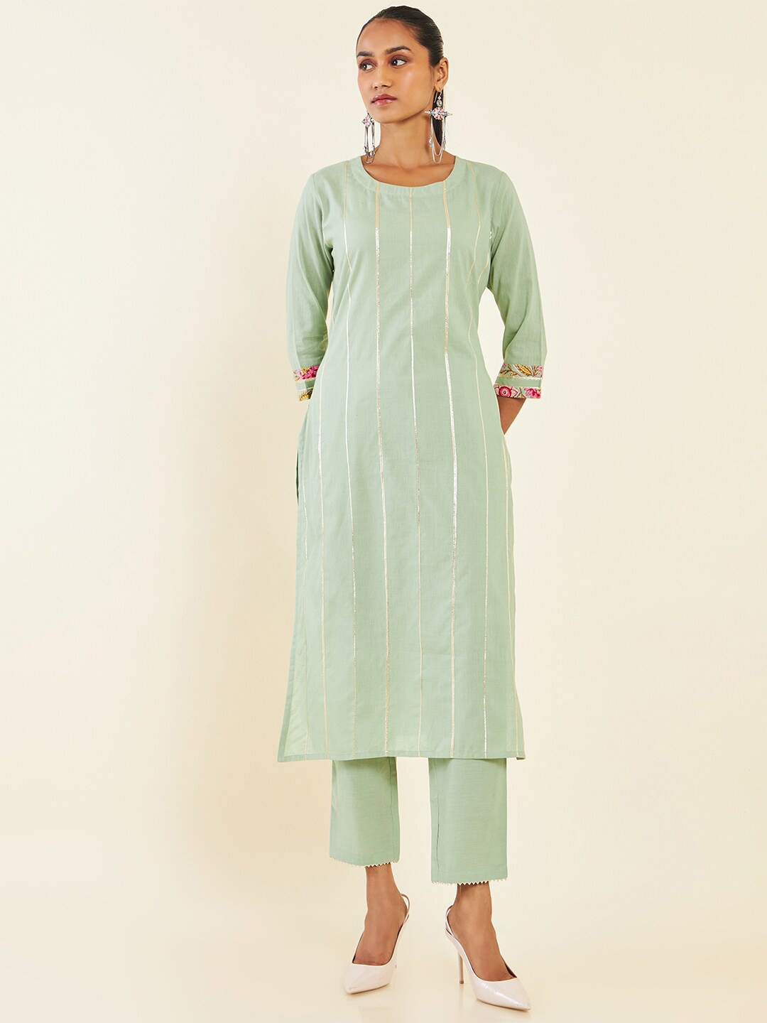 

Soch Green Striped Pure Cotton Straight Kurta With Trousers