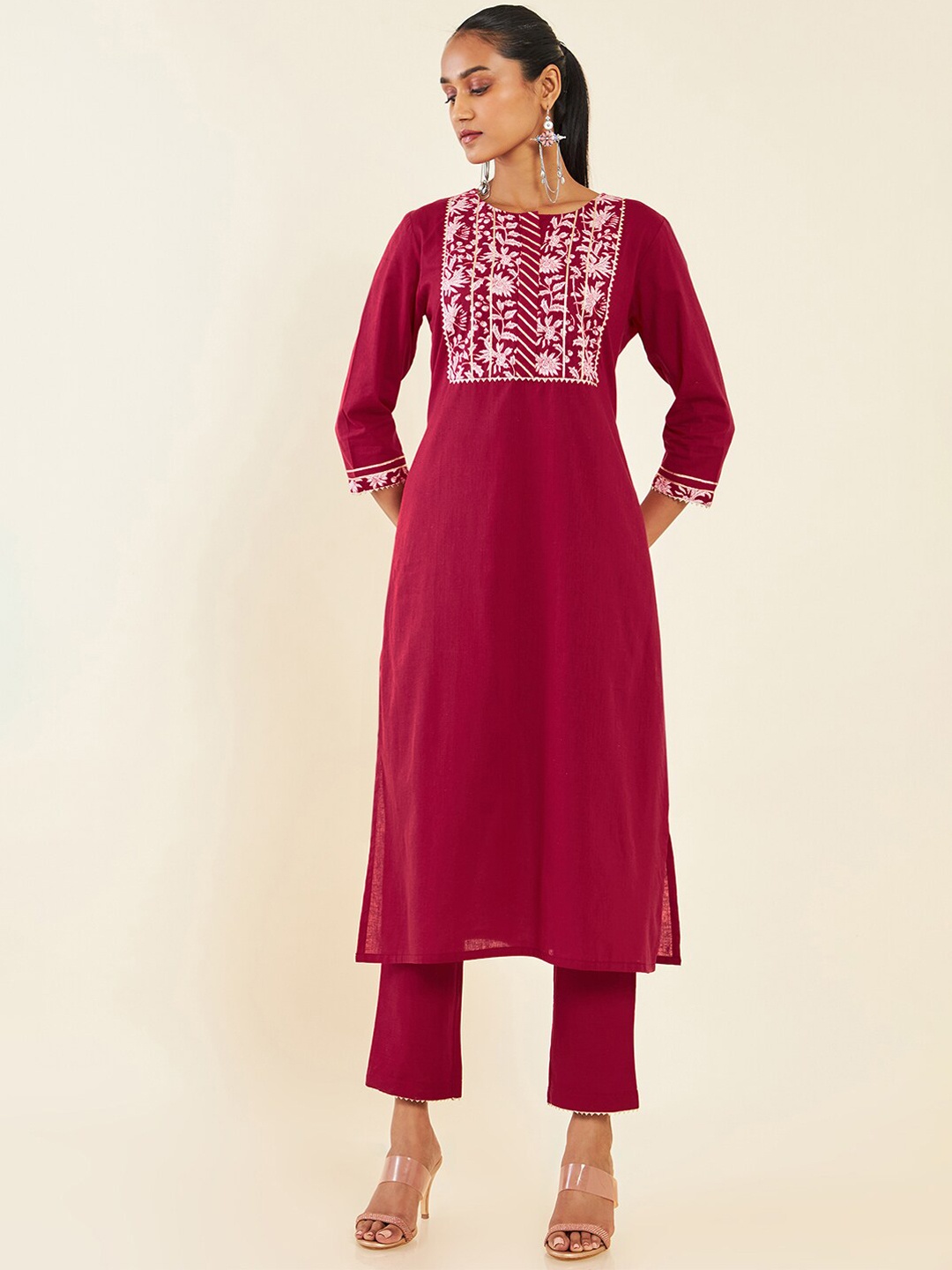 

Soch Maroon Floral Yoke Design Gotta Patti Pure Cotton Straight Kurta with Trousers