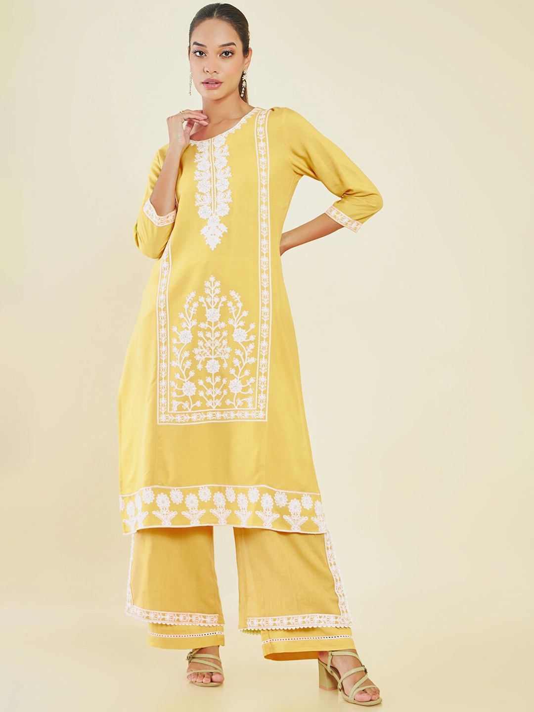 

Soch Mustard Yellow Floral Embroidered Straight Kurta With Palazzos