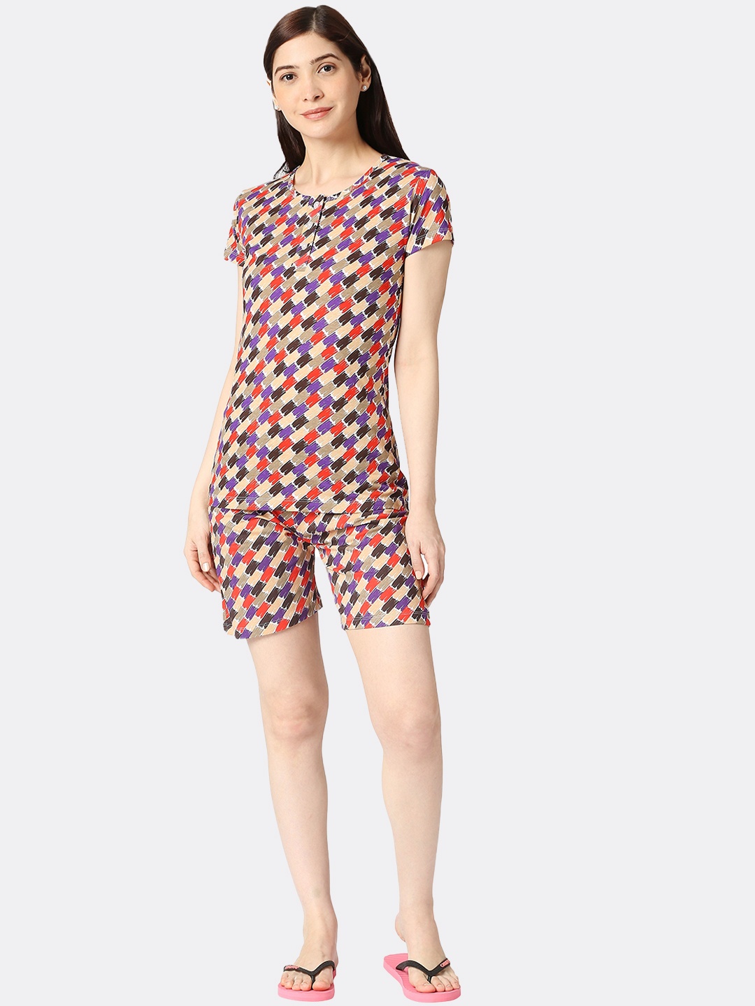 

zebu Abstract Printed Pure Cotton Night Suit, Beige