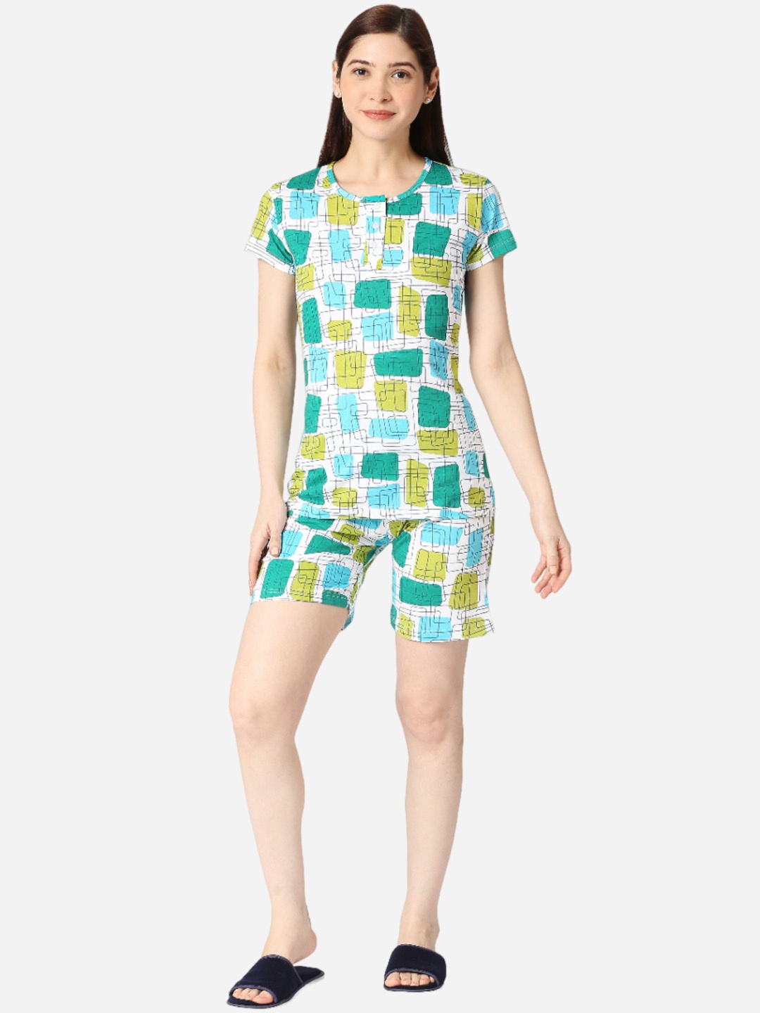 

zebu Geometric Printed Pure Cotton Night Suit, Blue