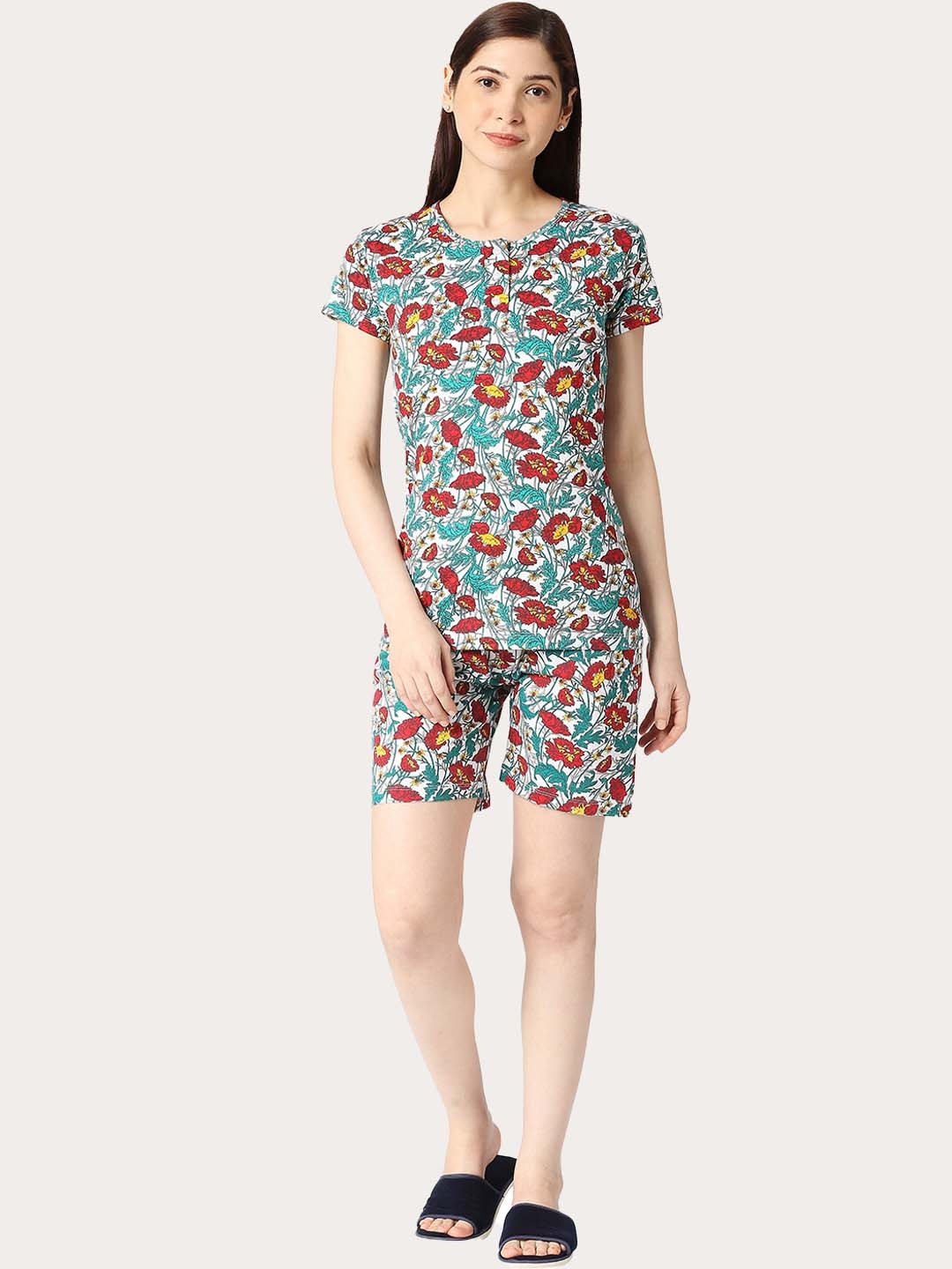 

zebu Floral Printed Pure Cotton Night Suit, Green