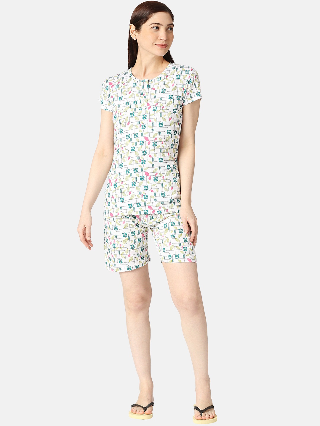 

zebu Floral Printed Pure Cotton Night Suit, Sea green