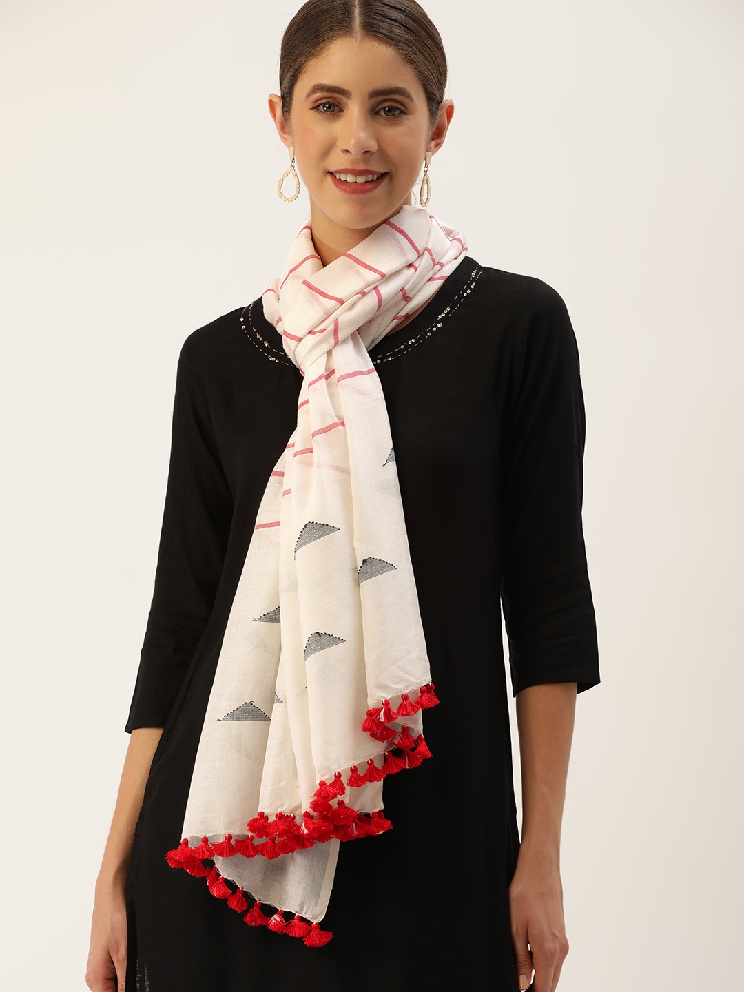 

ArtEastri Women White & Red Woven Design Pure Cotton Stole
