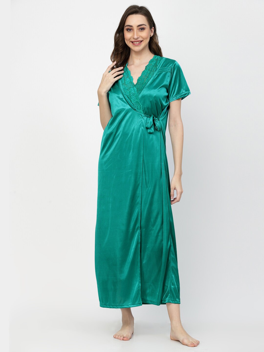 

Arrabi 2 Pieces Lace Up Detail Satin Nightdress With Robe, Turquoise blue