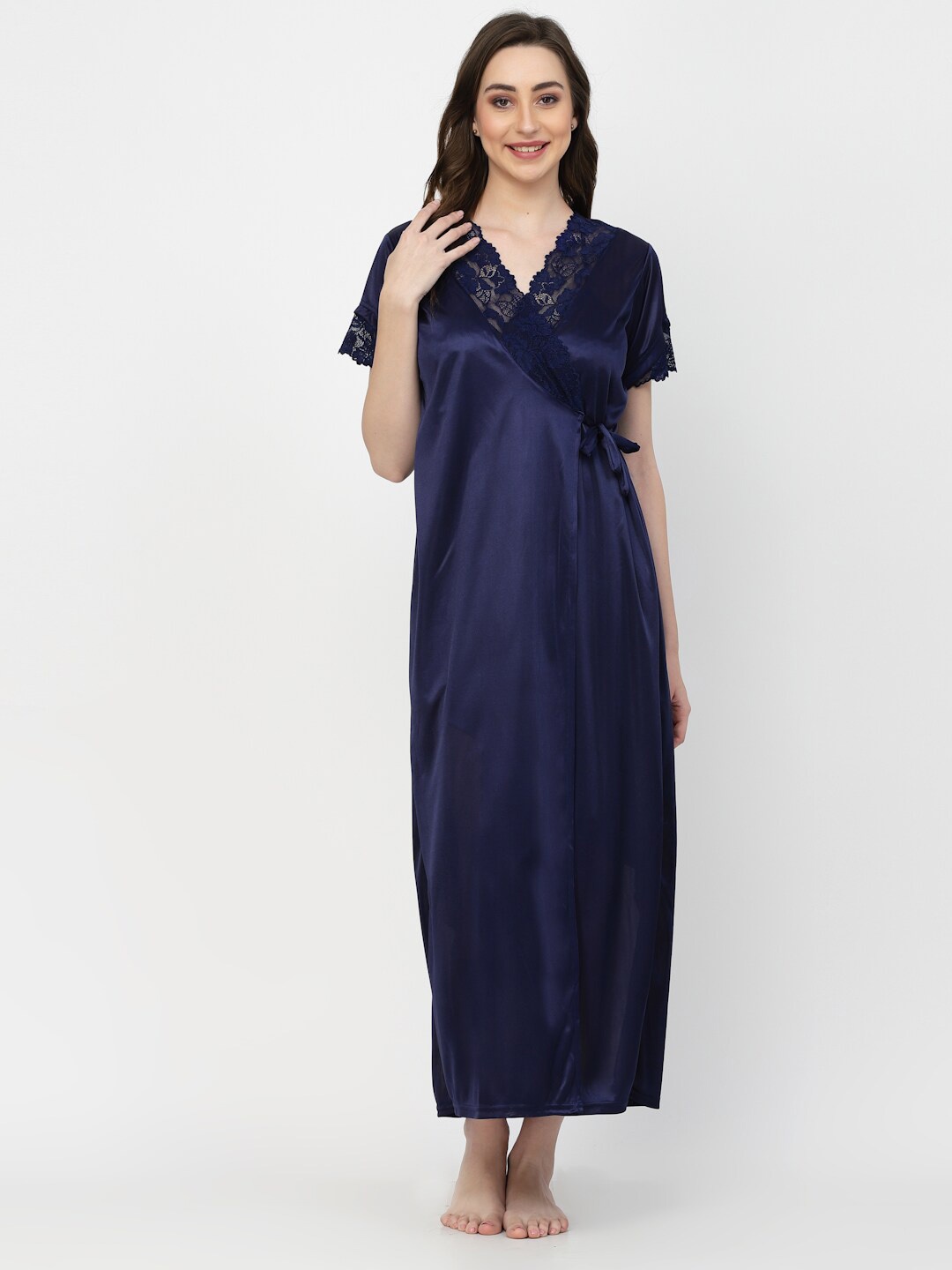 

Arrabi 2 Pieces Lace Up Detail Satin Nightdress With Robe, Blue