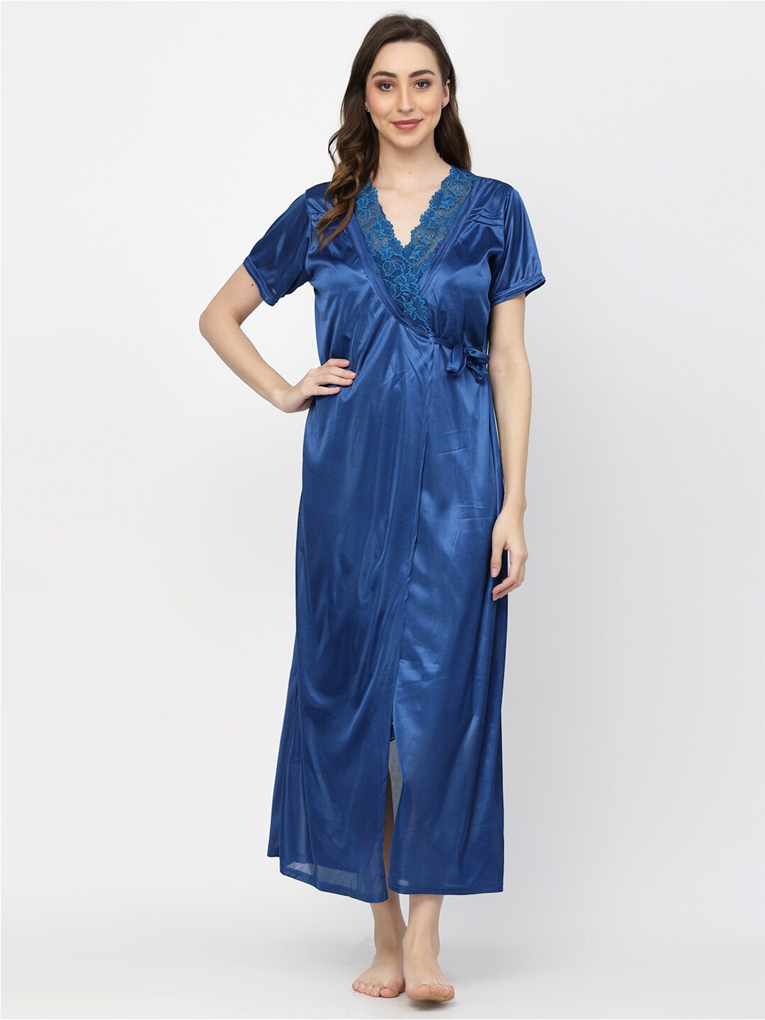 

Arrabi V-Neck Satin Maxi Nightdress With Robe, Blue