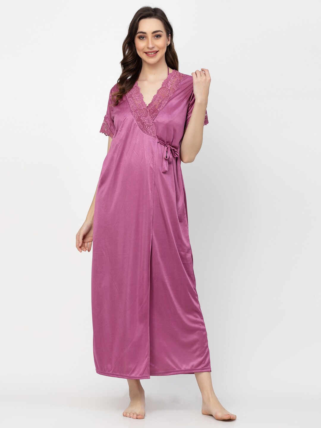 

Arrabi V-Neck Satin Maxi Nightdress With Robe, Purple