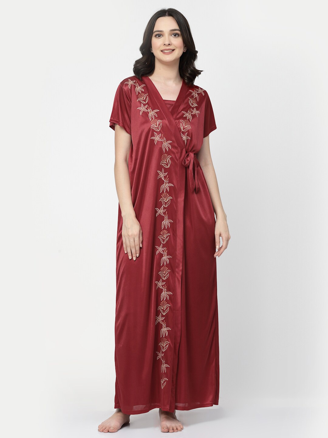 

Arrabi Floral Embroidered Satin Maxi Nightdress With Robe, Rust