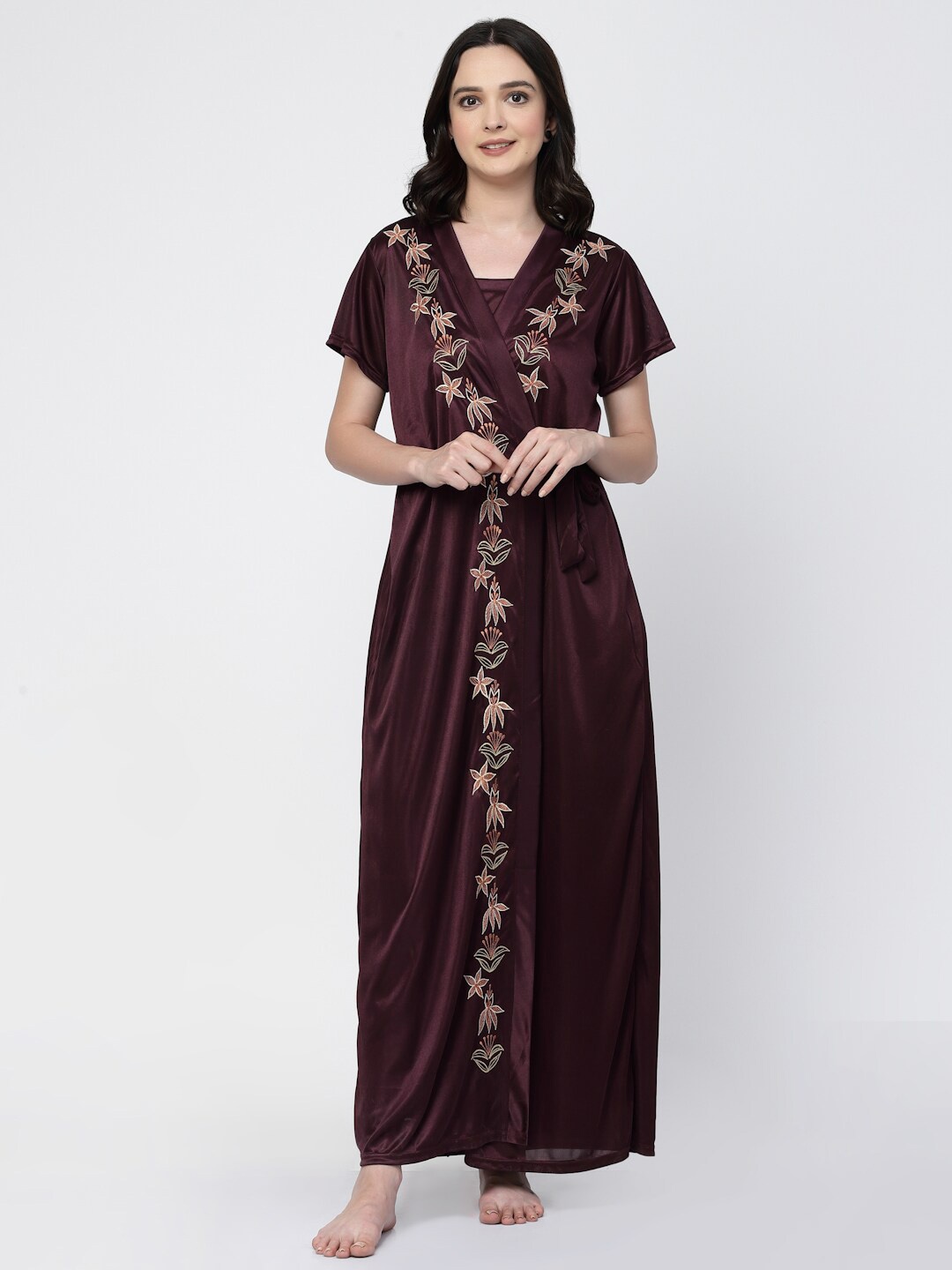 

Arrabi 2 Pieces Floral Embroidered Satin Nightdress With Robe, Violet