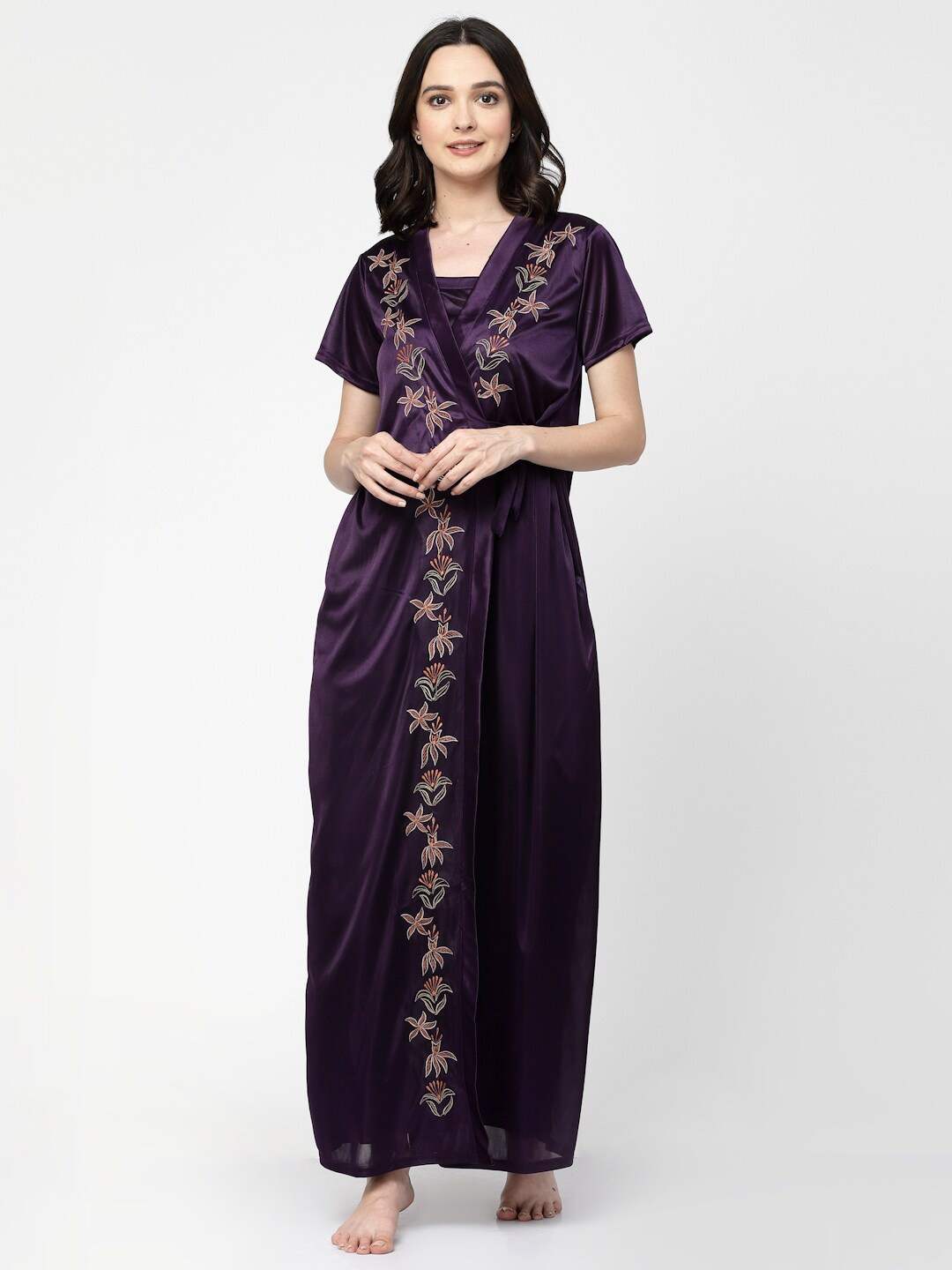 

Arrabi 2 Pieces Floral Embroidered Satin Nightdress With Robe, Purple