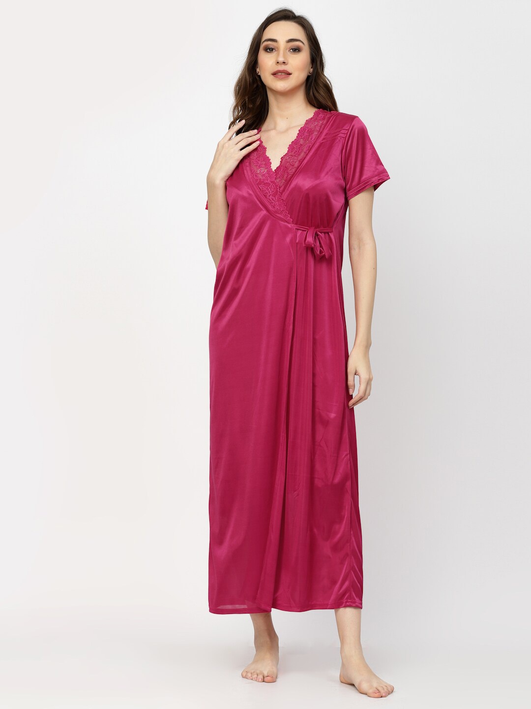 

Arrabi Sleeveless Satin Nightdress With Robe, Pink