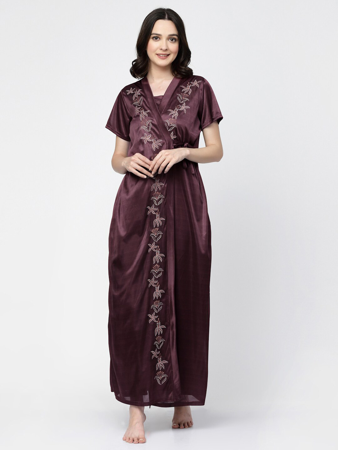 

Arrabi Floral Embroidered Satin Maxi Nightdress, Brown