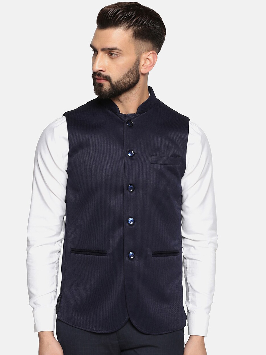 

TAHVO Mandarin Collar Nehru Jacket, Navy blue