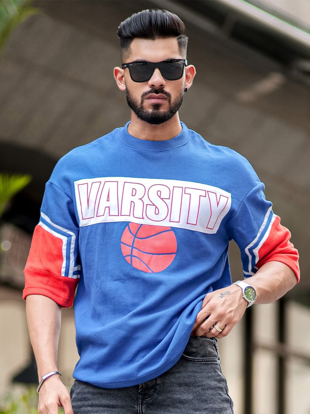 

Powerlook Men Blue And Red Typography Printed Drop-Shoulder Sleeves Boxy T-Shirt
