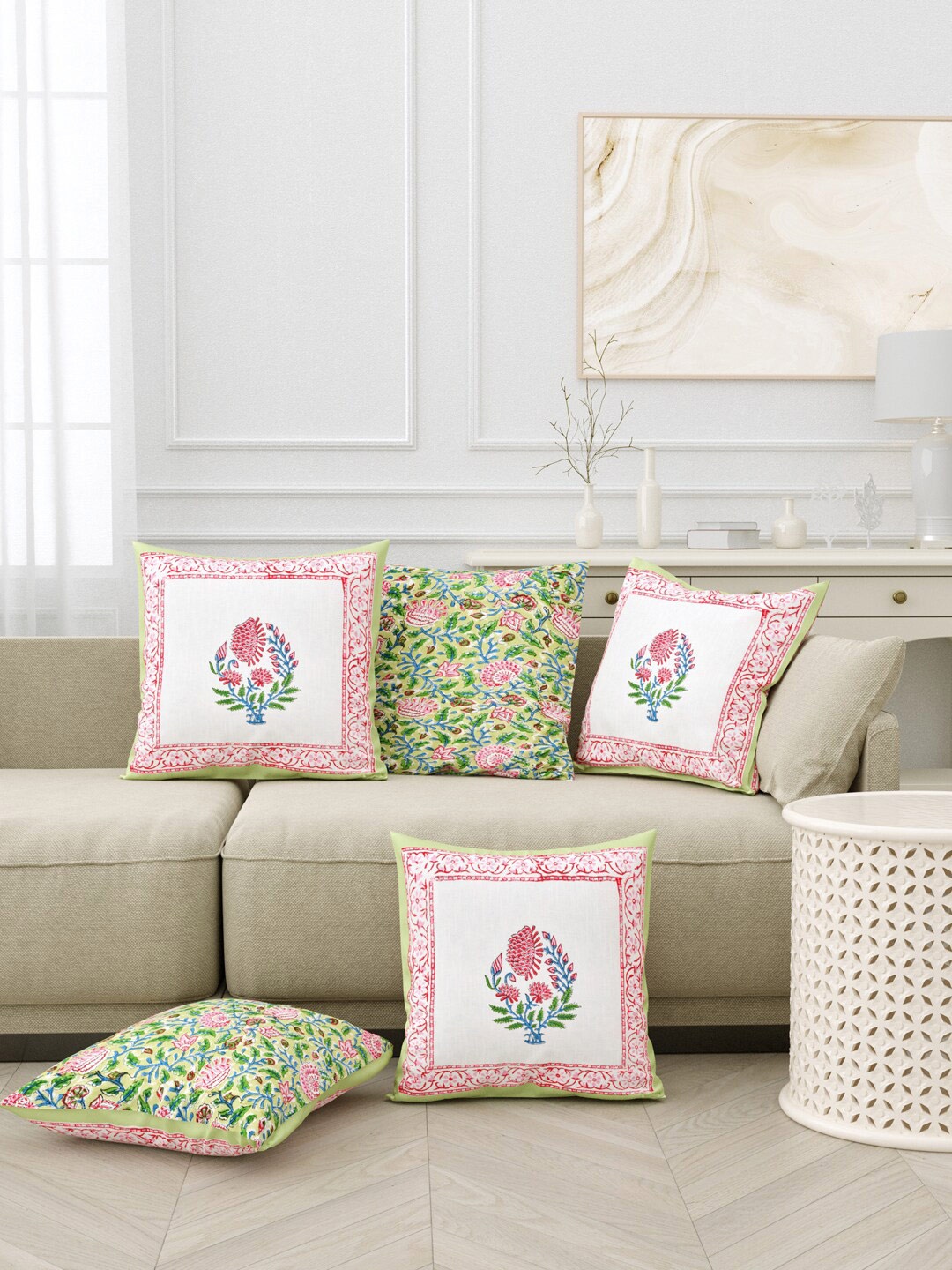 

BLOCKS OF INDIA Green & White 5 Pieces Ethnic Motifs Cotton Square Cushion Covers