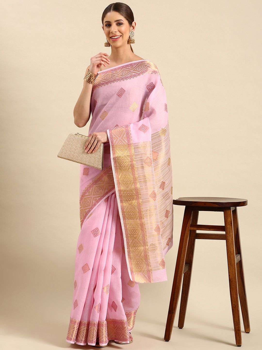 

SHANVIKA Woven Design Zari Chanderi Saree, Pink