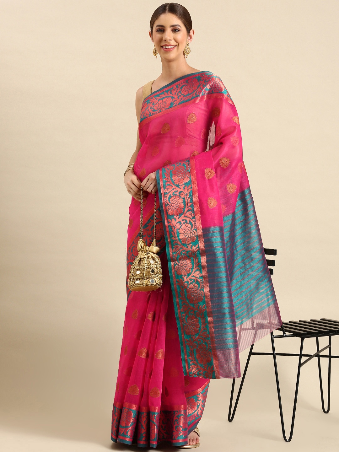 

SHANVIKA Ethnic Motifs Zari Chanderi Saree, Pink