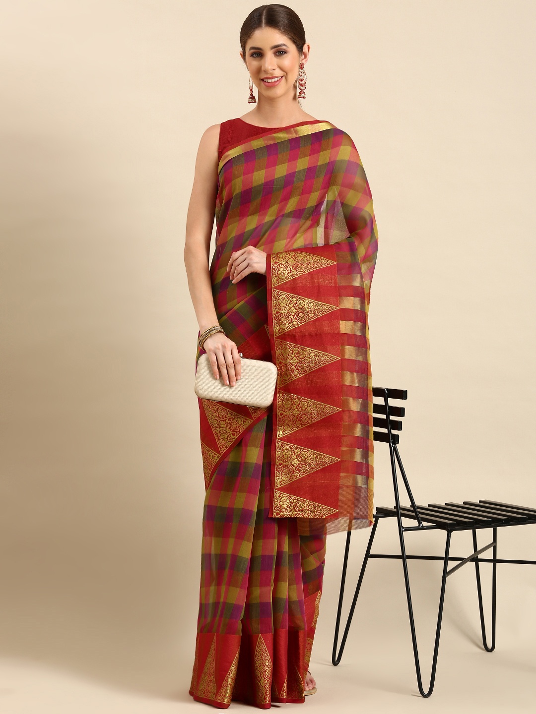 

SHANVIKA Woven Design Checked Zari Chanderi Saree, Multi