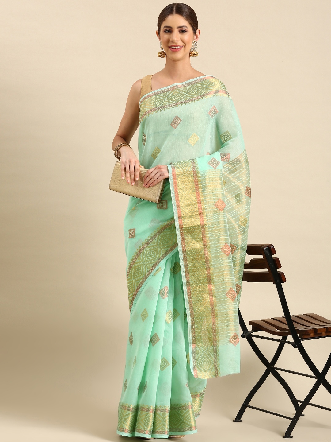 

SHANVIKA Geometric Woven Design Zari Chanderi Saree, Sea green