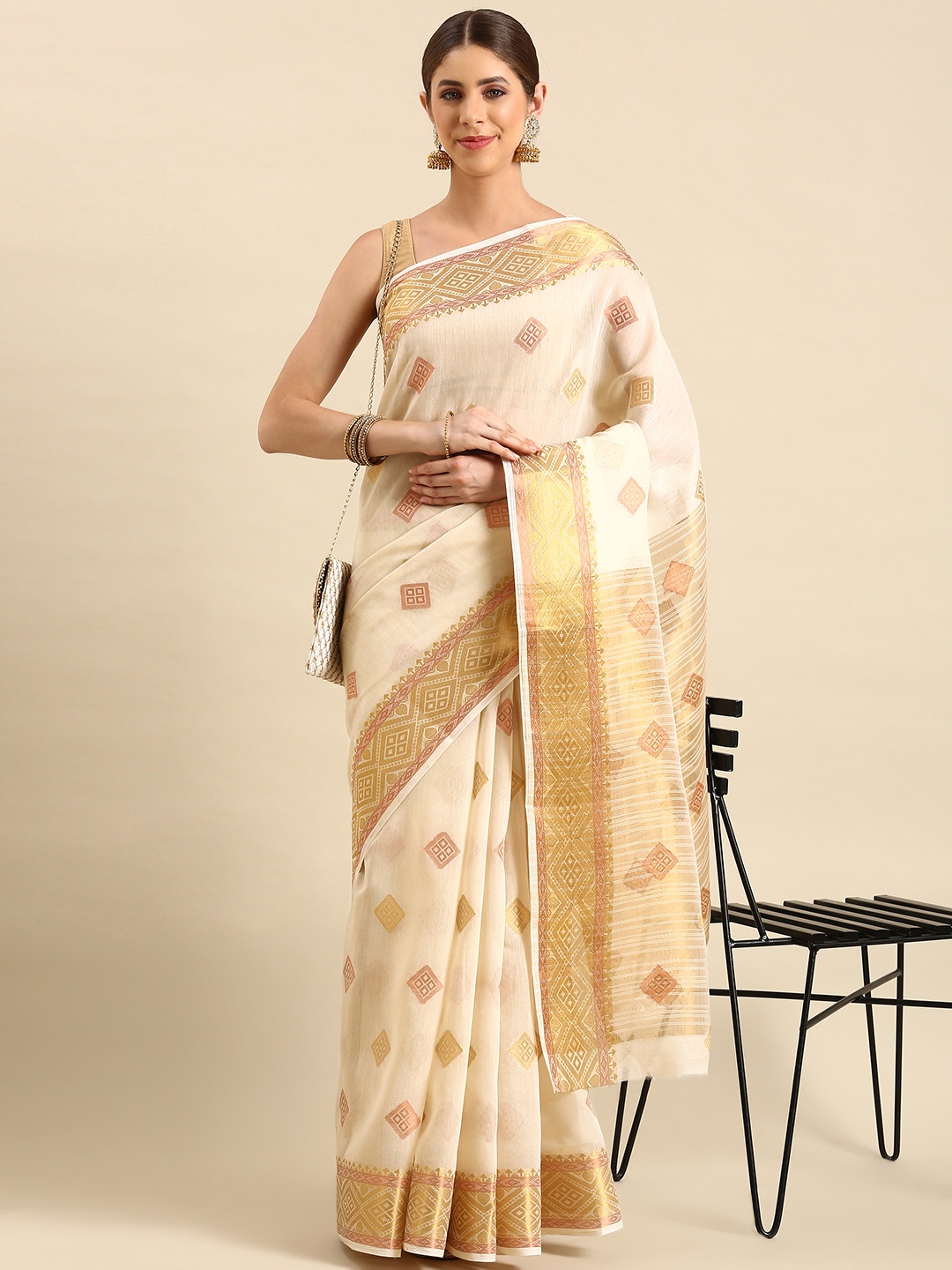 

SHANVIKA Geometric Woven Design Zari Chanderi Saree, Beige