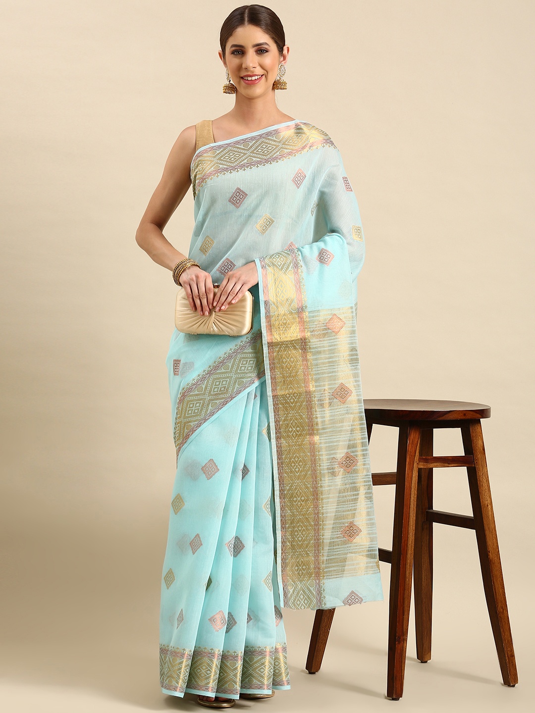

SHANVIKA Geometric Woven Design Zari Chanderi Saree, Blue