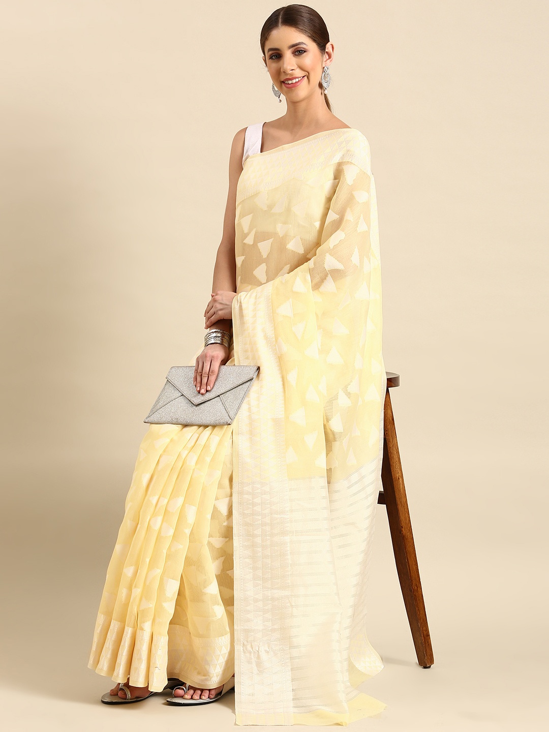 

SHANVIKA Geometric Woven Design Chanderi Saree, Yellow