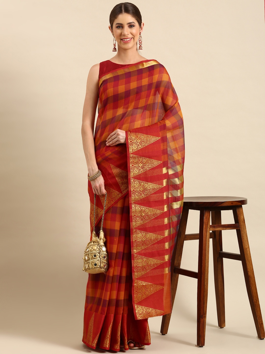 

SHANVIKA Woven Design Checked Zari Chanderi Saree, Multi
