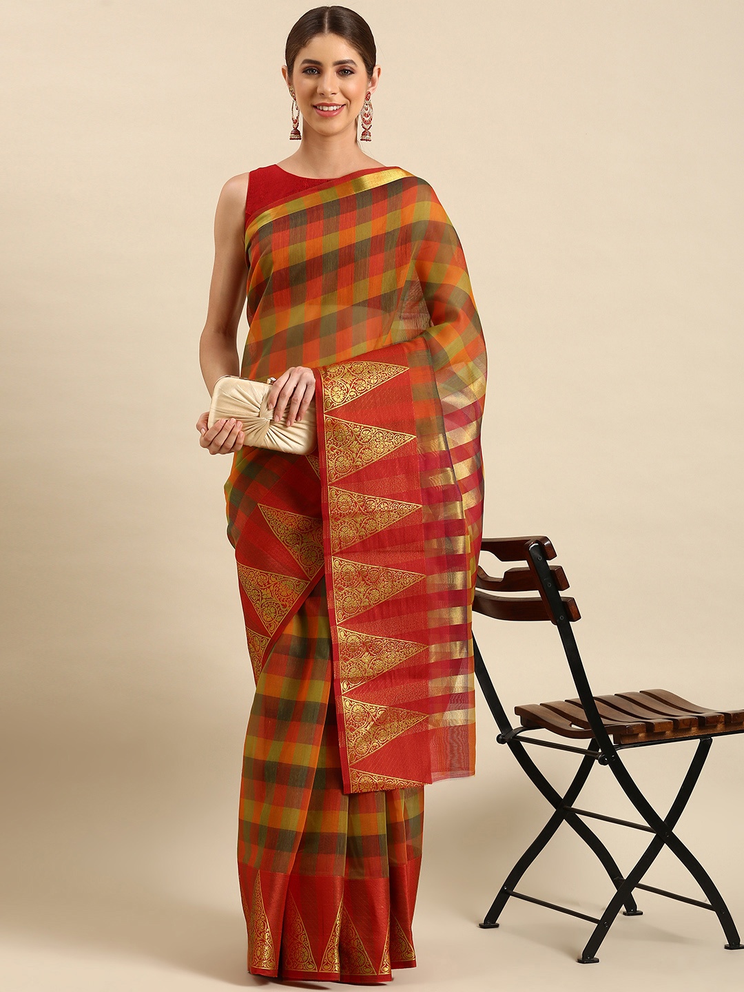 

SHANVIKA Woven Design Checked Zari Chanderi Saree, Multi