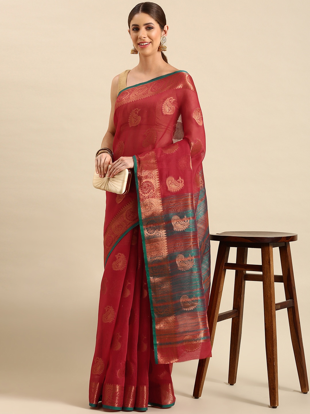 

SHANVIKA Ethnic Motifs Zari Chanderi Saree, Red