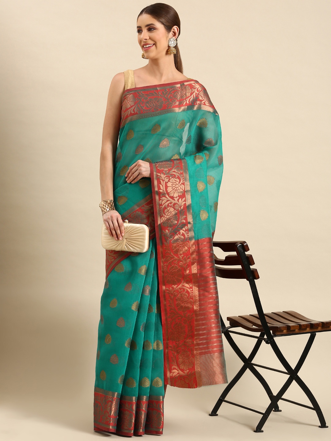

SHANVIKA Woven Design Ethnic Motifs Zari Chanderi Saree, Green