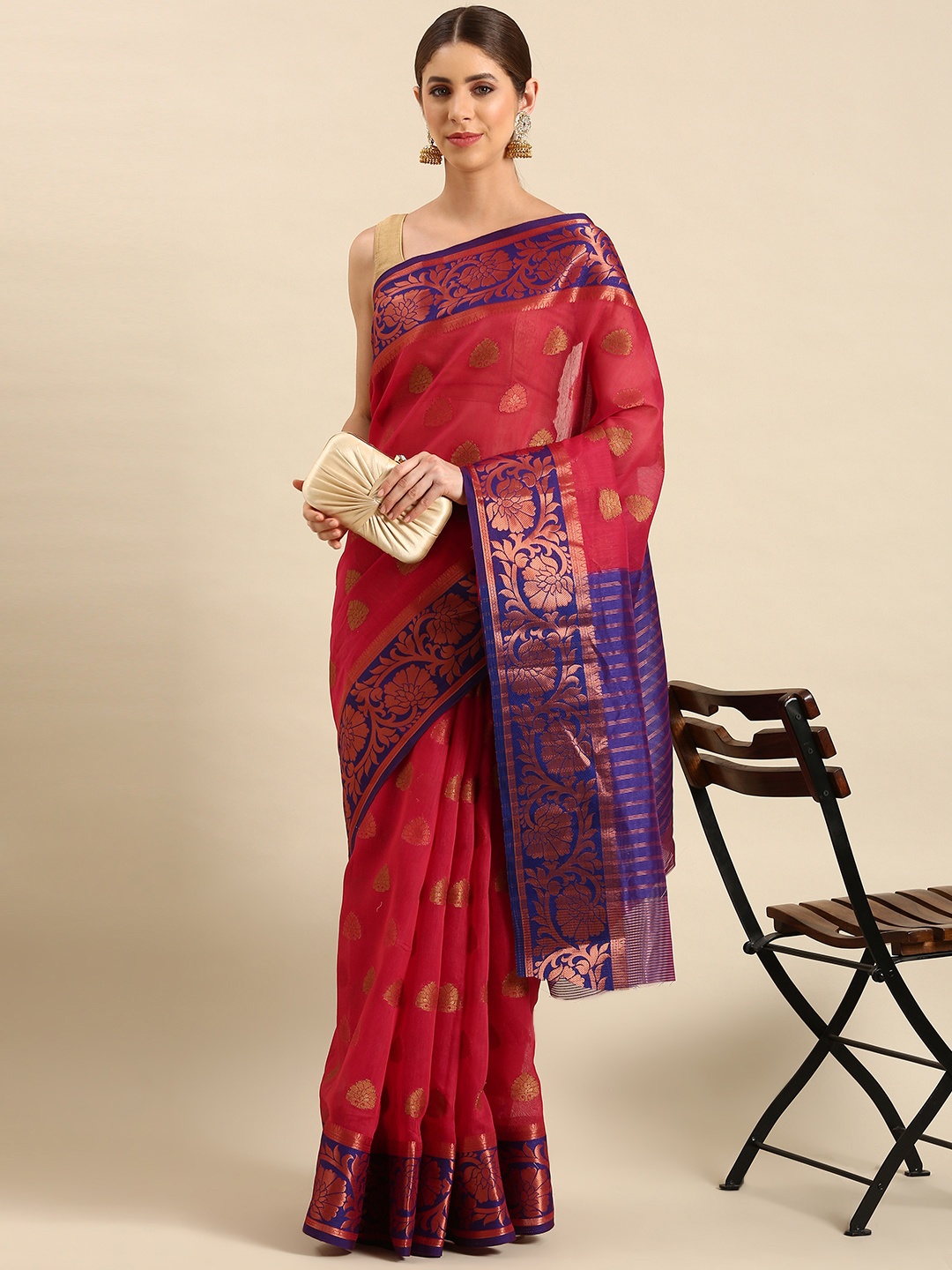 

SHANVIKA Woven Design Ethnic Motifs Zari Chanderi Saree, Red
