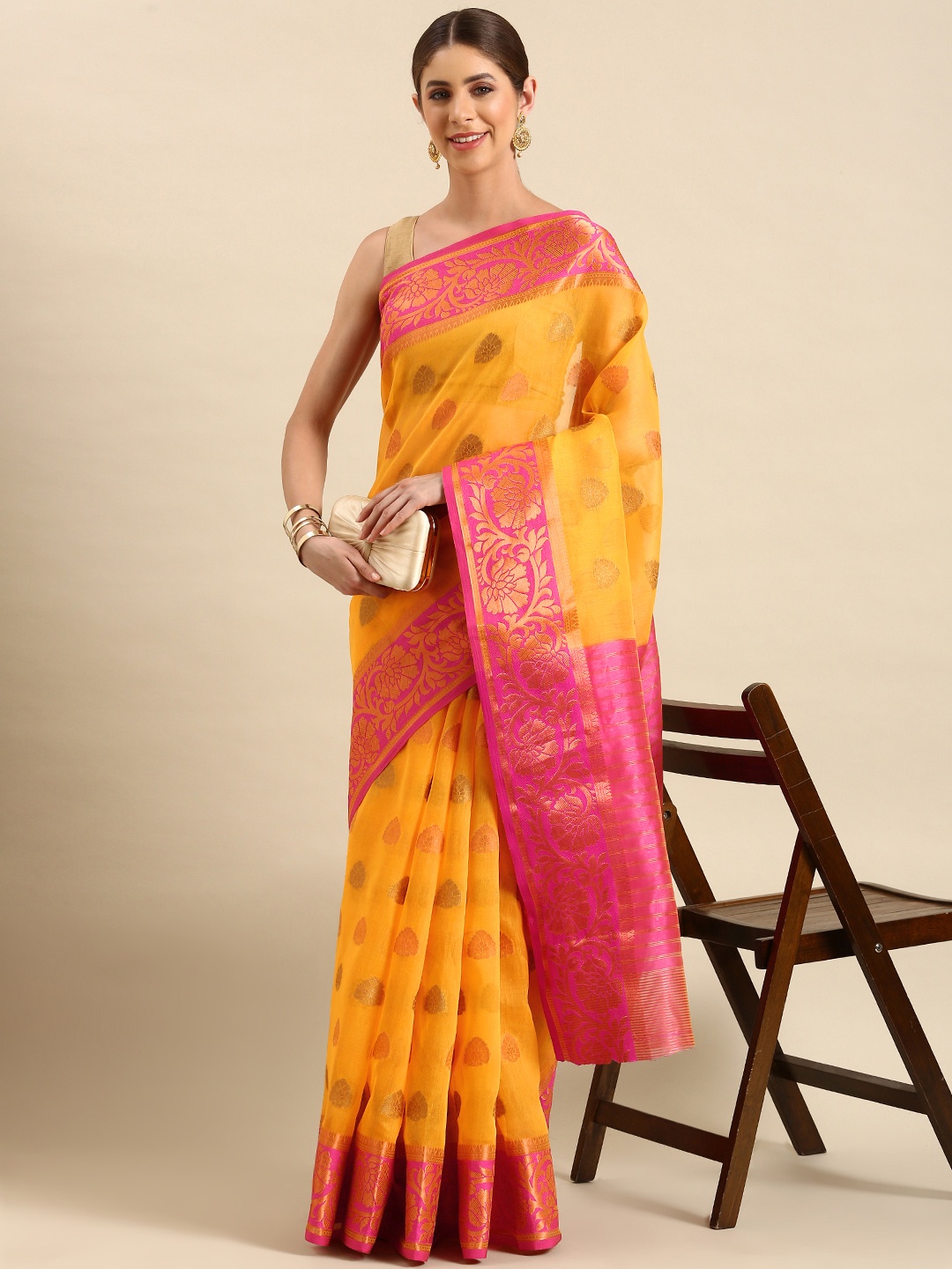 

SHANVIKA Ethnic Motifs Zari Chanderi Saree, Mustard