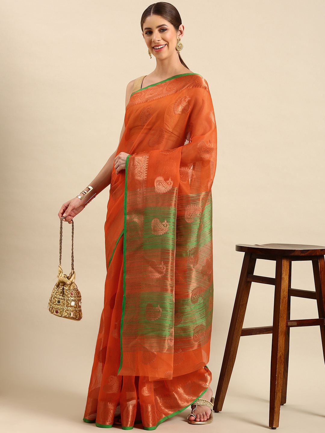 

SHANVIKA Ethnic Motifs Zari Chanderi Saree, Rust