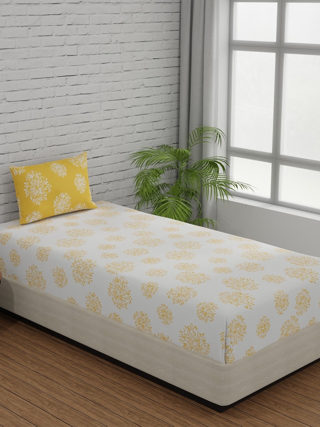 

Huesland Comfort White & Yellow Floral 144 TC Cotton Single Bedsheet & 1 Pillow Cover