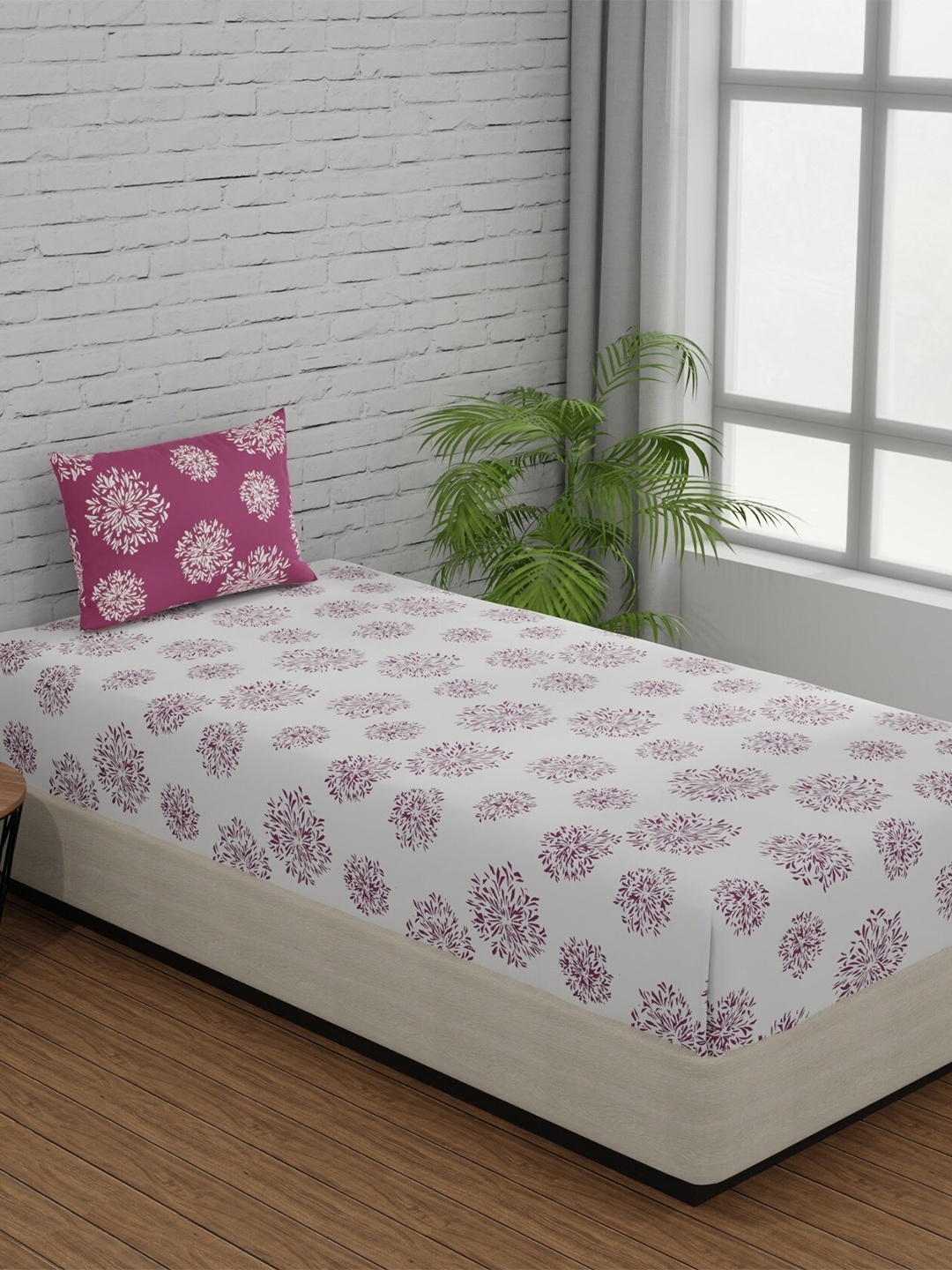 

Huesland Comfort White & Pink Floral 144 TC Cotton Single Bedsheet With 1 Pillow Cover