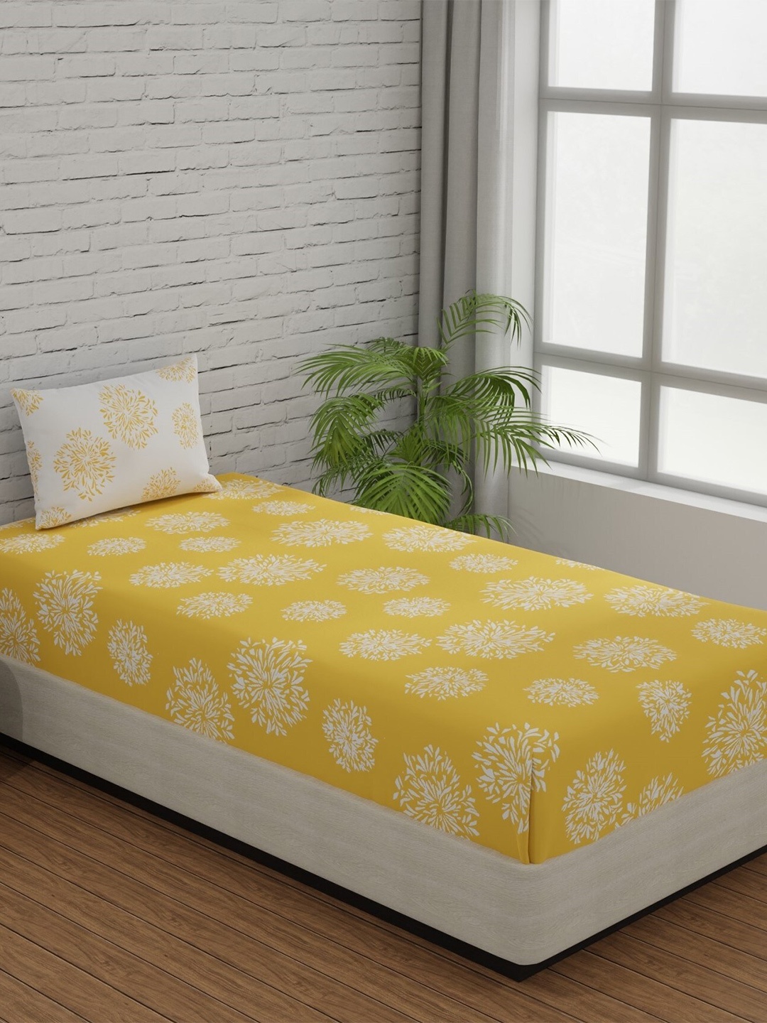 

Huesland Comfort Yellow & White Printed 144 TC Cotton Single Bedsheet & 1 Pillow Cover