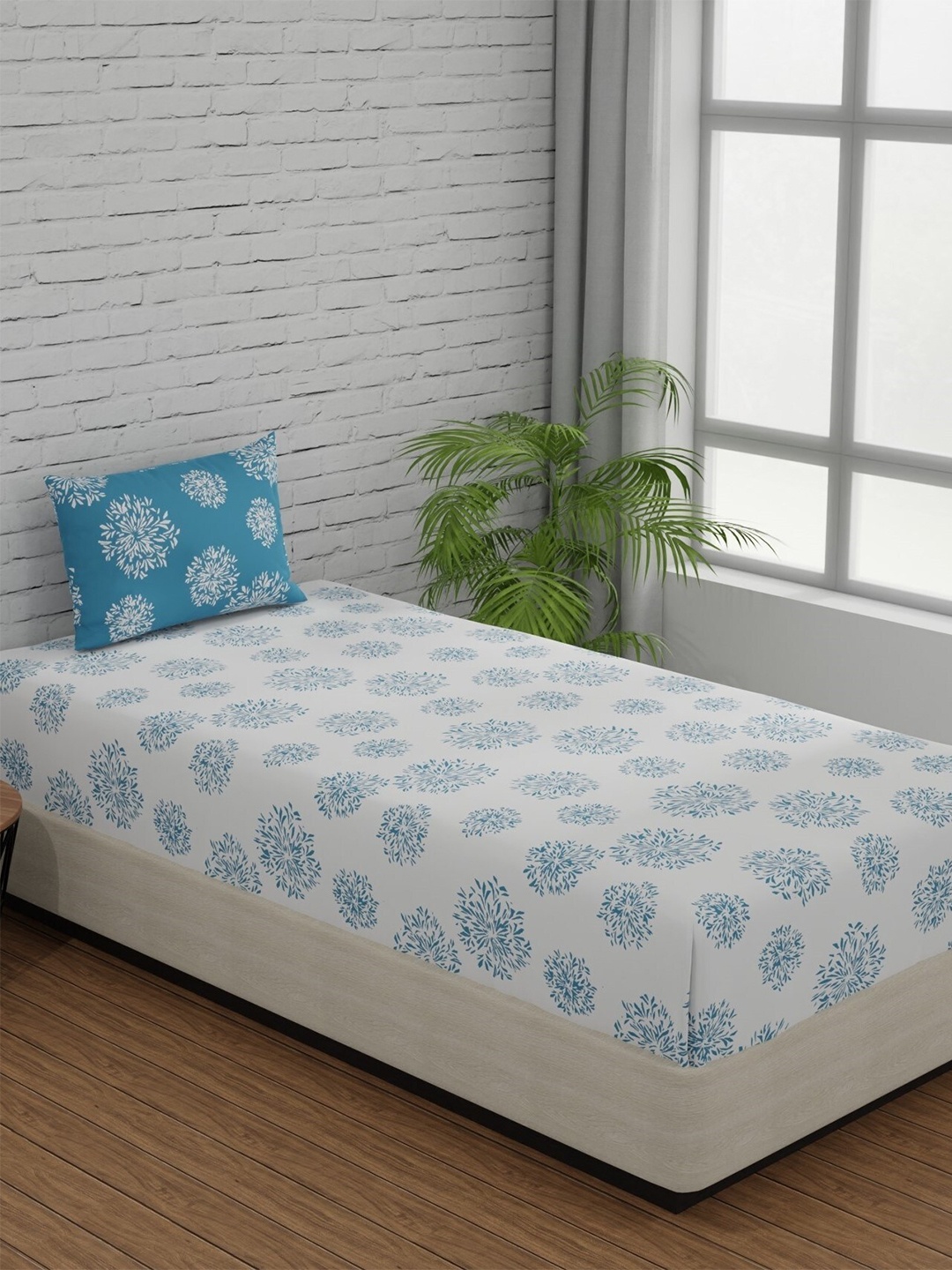 

Huesland Comfort White & Blue Printed 144 TC Cotton Single Bedsheet & 1 Pillow Cover