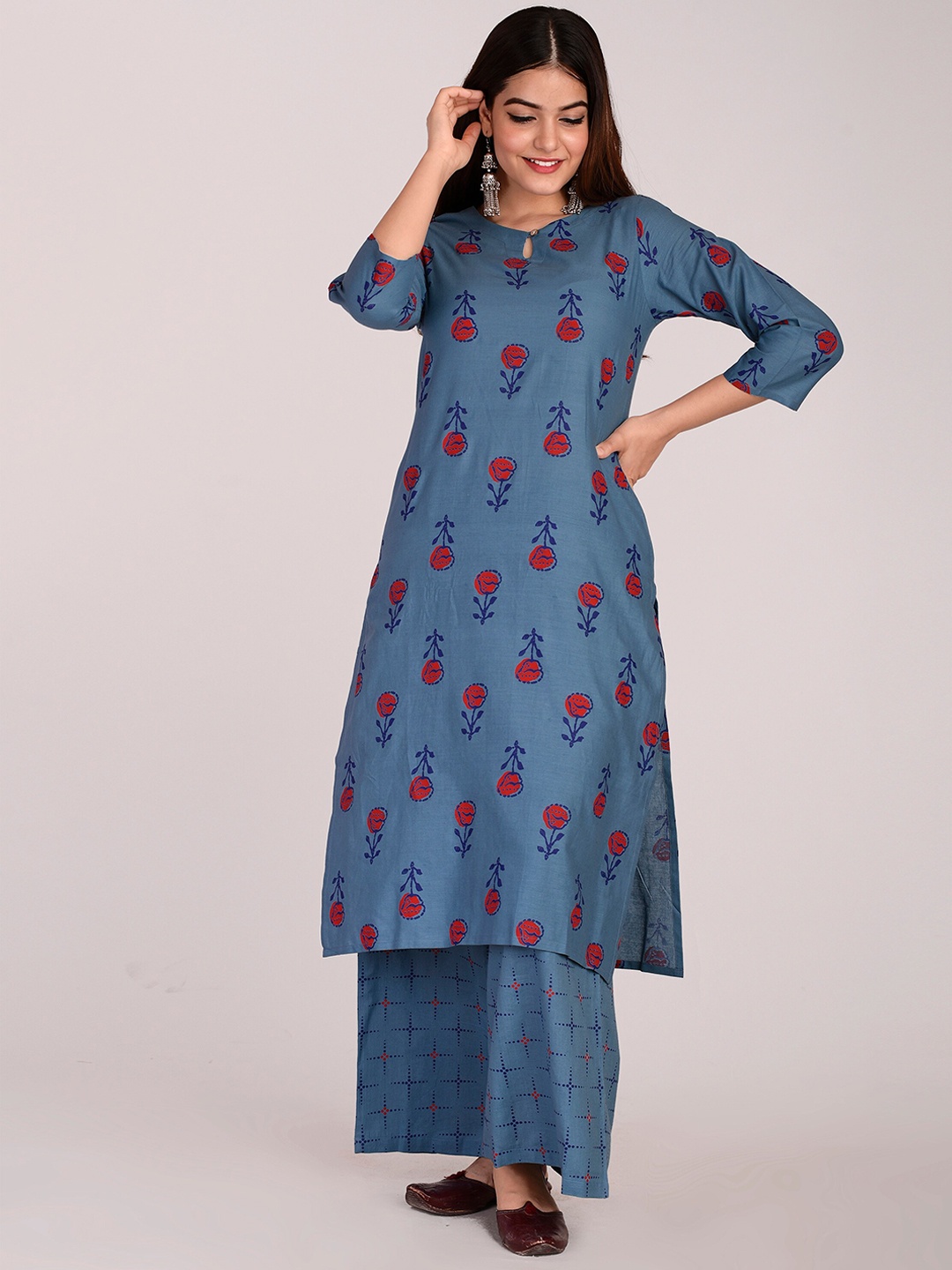 

METRO-FASHION Floral Printed Straight Pure Cotton Kurta with Palazzos, Navy blue