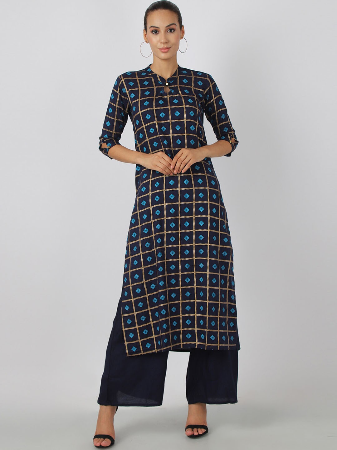 

METRO-FASHION Geometric Printed Regular Kurta with Palazzos, Navy blue