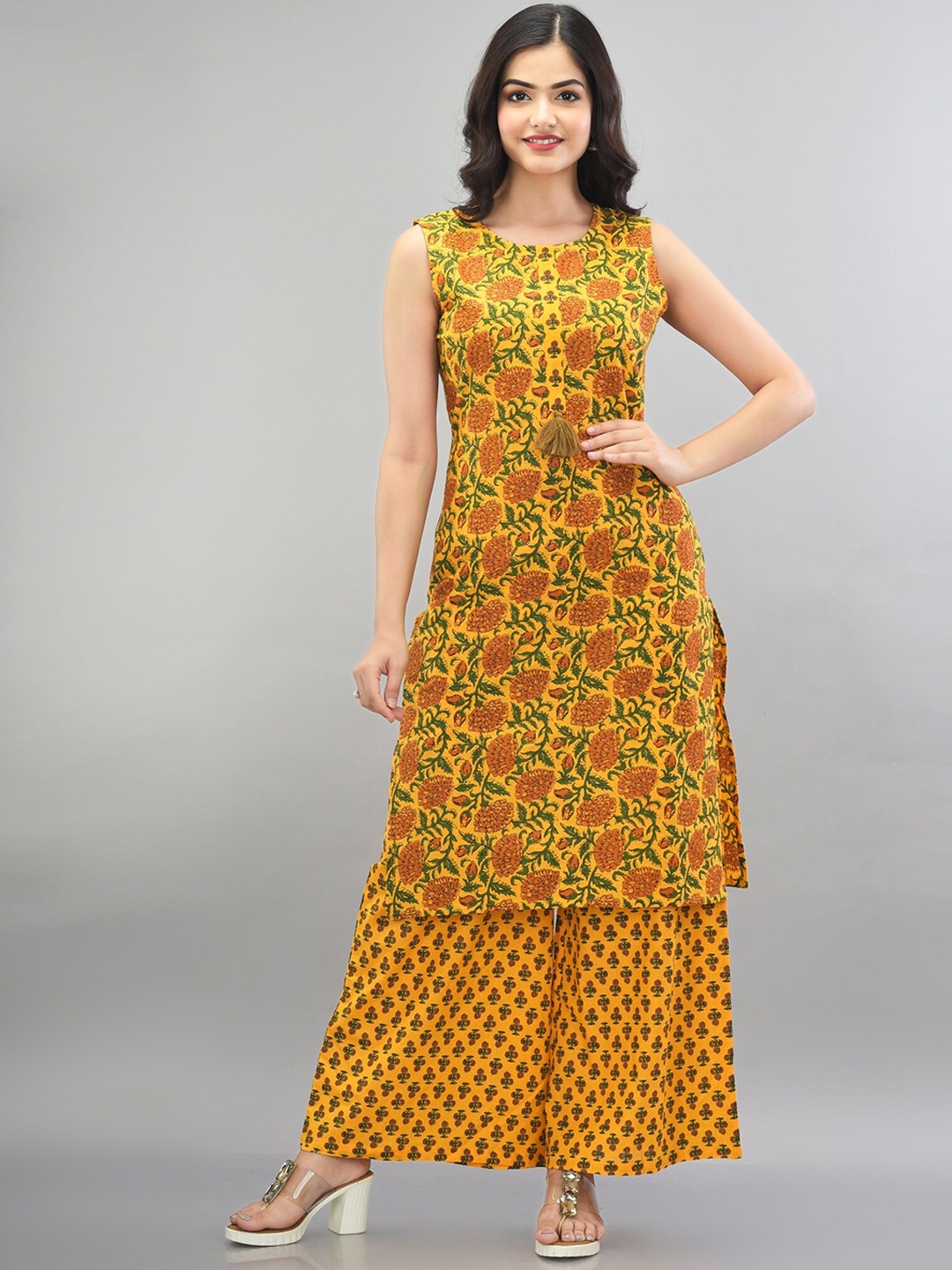 

METRO-FASHION Floral Printed Pure Cotton Kurta with Palazzos, Yellow