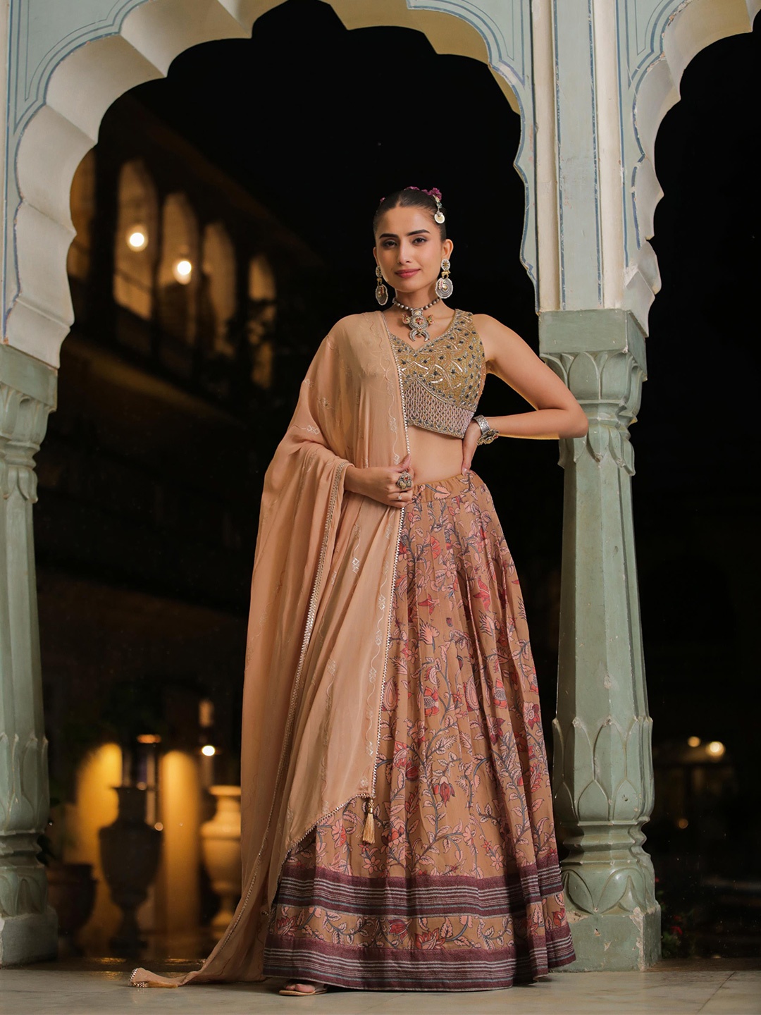 

SCAKHI Embellished Beads and Stones Kalamkari Ready to Wear Lehenga & Blouse With Dupatta, Beige