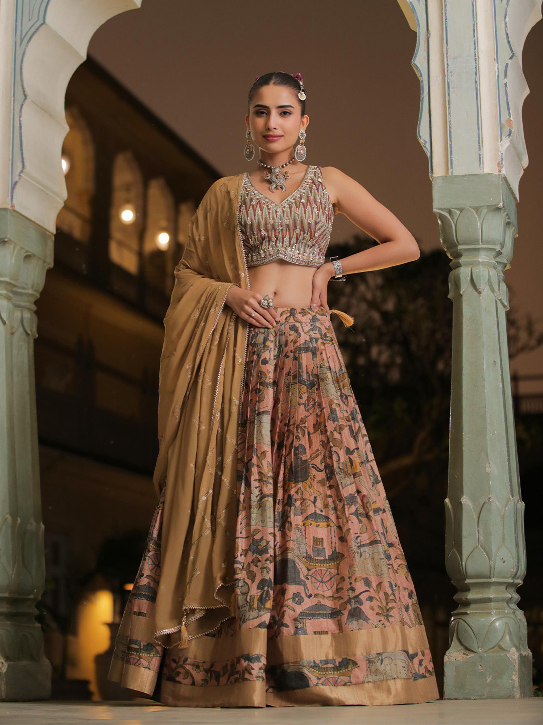 

SCAKHI Embellished Beads and Stones Kalamkari Ready to Wear Lehenga & Blouse With Dupatta, Brown